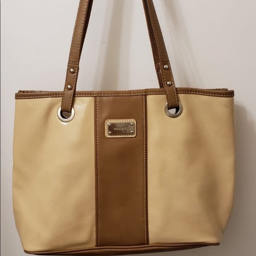 Nine West Cream&Beige Patent Leather Tote Handbag